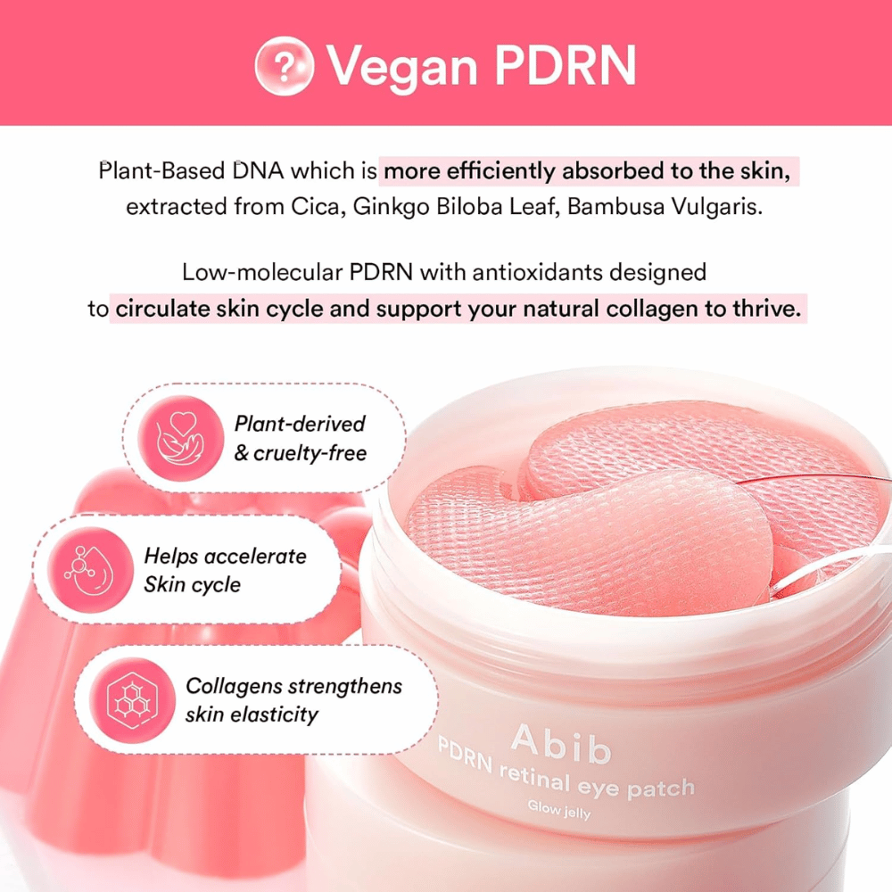 Abib PDRN Retinal Eye Patch Glow Jelly avec PDRN végétalien à partir d'extraits de plantes qui renforce l'élasticité de la peau, booste le collagène et améliore la structure de la peau.