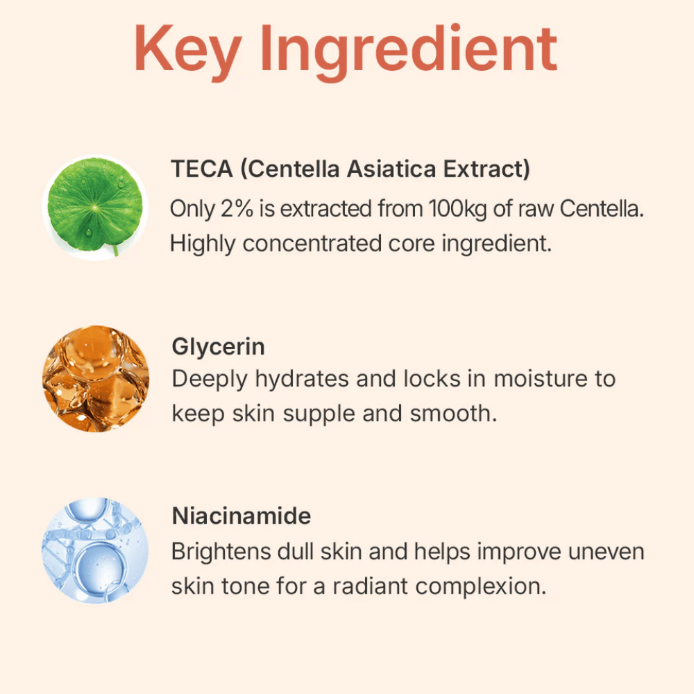 MADECA LAB PDRN Glow Gel Mask ingrédients clés – TECA de Centella Asiatica, glycérine et niacinamide qui apaisent la peau, hydratent en profondeur et améliorent le teint.