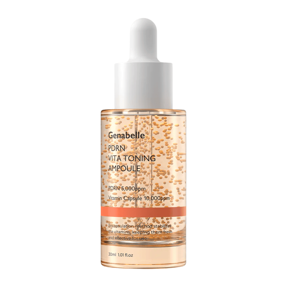 Image produit détourée de Genabelle PDRN Vita Toning Ampoule dans un flacon en verre transparent avec des bouchons compte-gouttes blancs et des capsules de vitamines visibles dans la formule du sérum.
