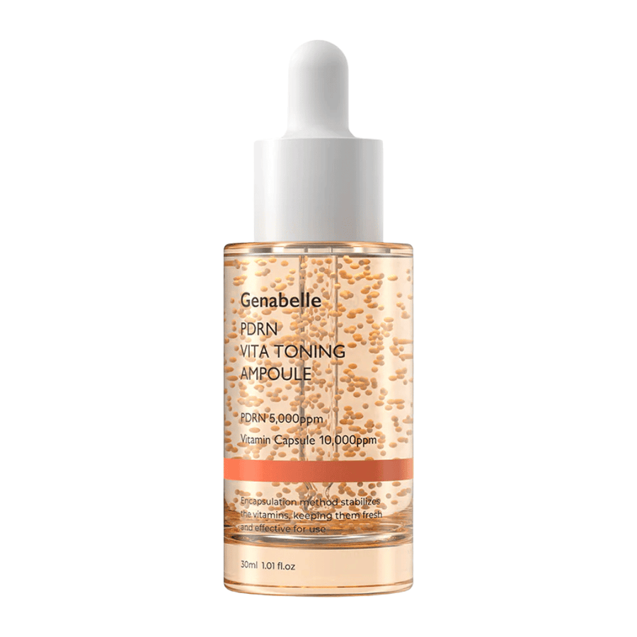 Image produit détourée de Genabelle PDRN Vita Toning Ampoule dans un flacon en verre transparent avec des bouchons compte-gouttes blancs et des capsules de vitamines visibles dans la formule du sérum.