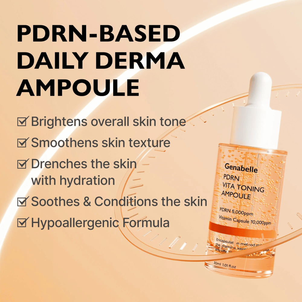 Image produit de Genabelle PDRN Vita Toning Ampoule avec un texte sur l’hydratation, un teint plus uniforme et des propriétés apaisantes pour les peaux sensibles avec une formule hypoallergénique.