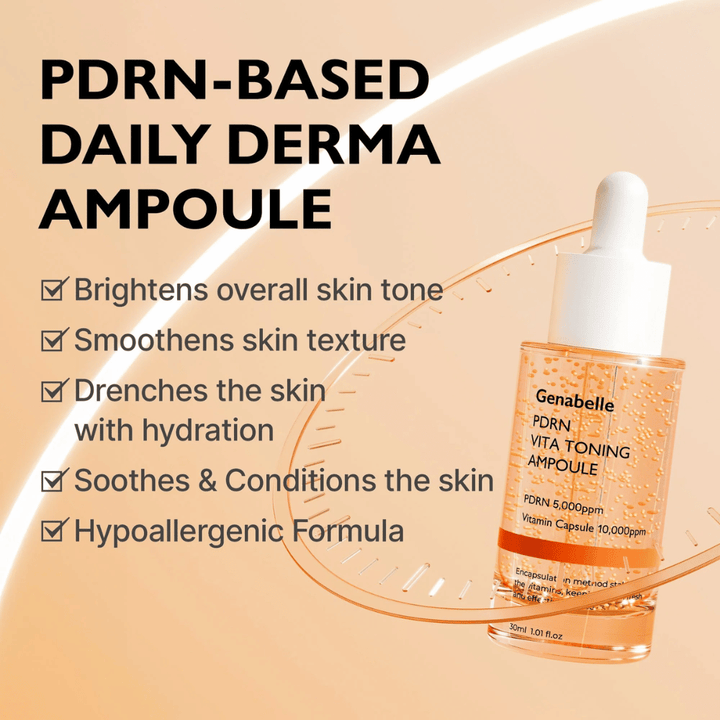 Image produit de Genabelle PDRN Vita Toning Ampoule avec un texte sur l’hydratation, un teint plus uniforme et des propriétés apaisantes pour les peaux sensibles avec une formule hypoallergénique.