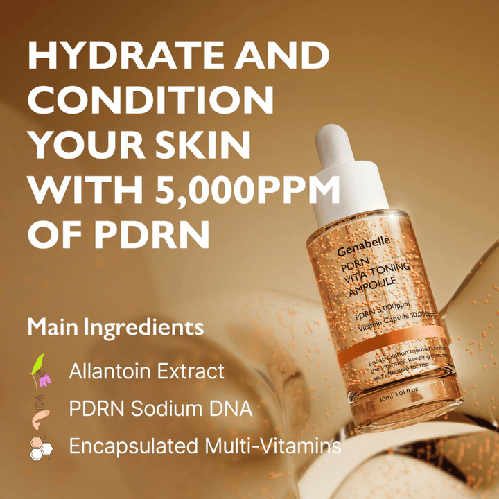 Image promotionnelle pour Genabelle PDRN Vita Toning Ampoule mettant l’accent sur l’hydratation et PDRN 5000 ppm ainsi que sur des ingrédients comme des capsules de vitamines et le Sodium DNA pour l’éclat et le soin de la peau.