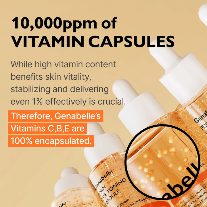 Genabelle PDRN Vita Toning Ampoule avec des vitamines encapsulées dans le sérum qui mettent en valeur une formule illuminatrice avec les vitamines C, B et E pour l’éclat et la vitalité de la peau.
