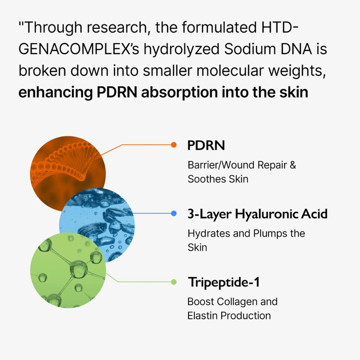 Image d’information sur Genabelle PDRN Vita Toning Ampoule montrant PDRN, l’acide hyaluronique et des peptides pour l’hydratation, la barrière cutanée et l’amélioration de l’élasticité de la peau.