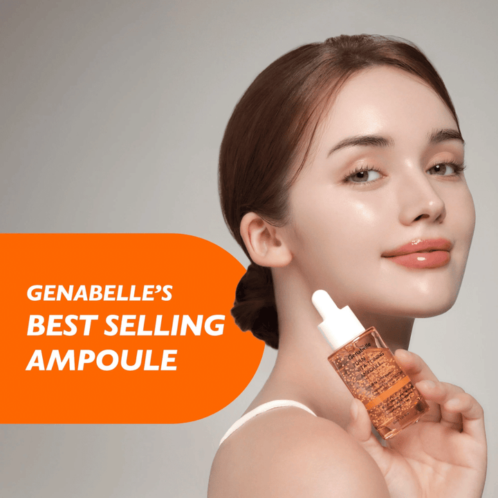 Le modèle tient Genabelle PDRN Vita Toning Ampoule à côté du visage, avec un accent sur l’éclat, la luminosité et la peau hydratée grâce à un sérum coréen avec des capsules de vitamines et PDRN.