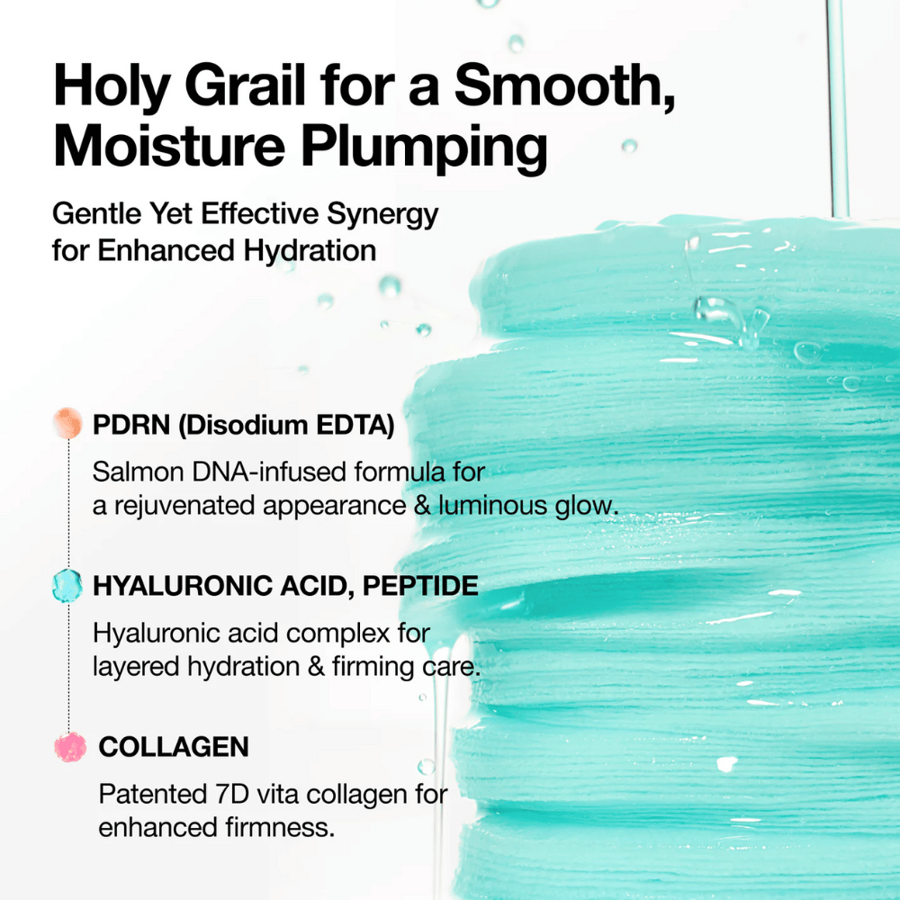 Tampons tonifiants bleus dr imprégnés d'une essence hydratante avec un texte sur les ingrédients : PDRN (ADN de saumon), acide hyaluronique, peptides et collagène – conçus pour l'hydratation, l'éclat et une peau plus ferme.