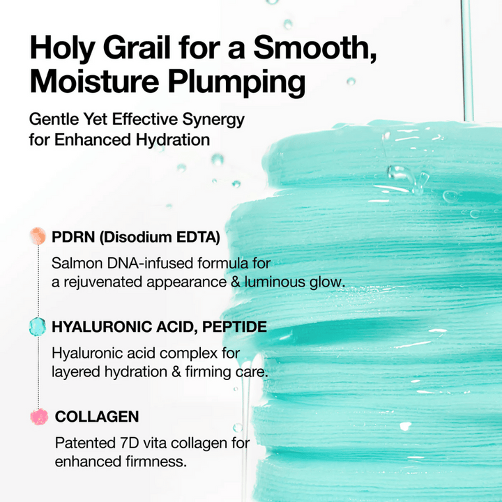 Tampons tonifiants bleus dr imprégnés d'une essence hydratante avec un texte sur les ingrédients : PDRN (ADN de saumon), acide hyaluronique, peptides et collagène – conçus pour l'hydratation, l'éclat et une peau plus ferme.