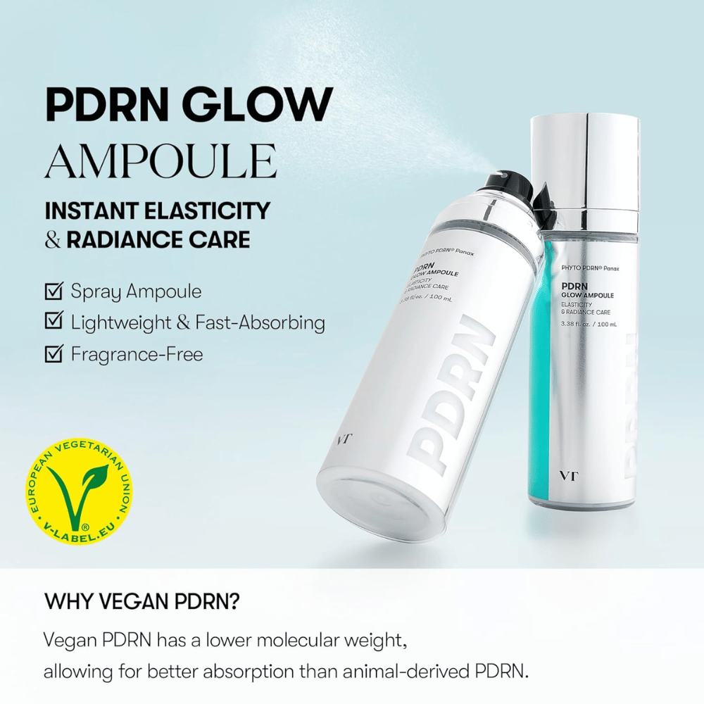 Image de deux flacons de VT PDRN Glow Ampoule, un flacon spray et un flacon pompe, avec des informations indiquant que le produit offre une élasticité et une luminosité immédiates. Le texte mentionne que le produit est léger, s'absorbe rapidement et est sans parfum, et qu'il contient du PDRN végan pour une meilleure absorption. Le label V pour contenu végétarien est également visible.
