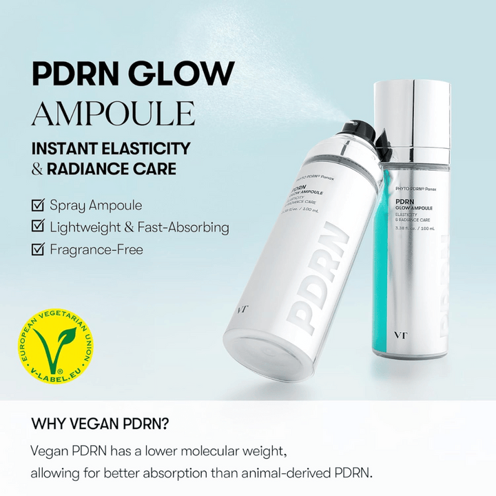 Image de deux flacons de VT PDRN Glow Ampoule, un flacon spray et un flacon pompe, avec des informations indiquant que le produit offre une élasticité et une luminosité immédiates. Le texte mentionne que le produit est léger, s'absorbe rapidement et est sans parfum, et qu'il contient du PDRN végan pour une meilleure absorption. Le label V pour contenu végétarien est également visible.
