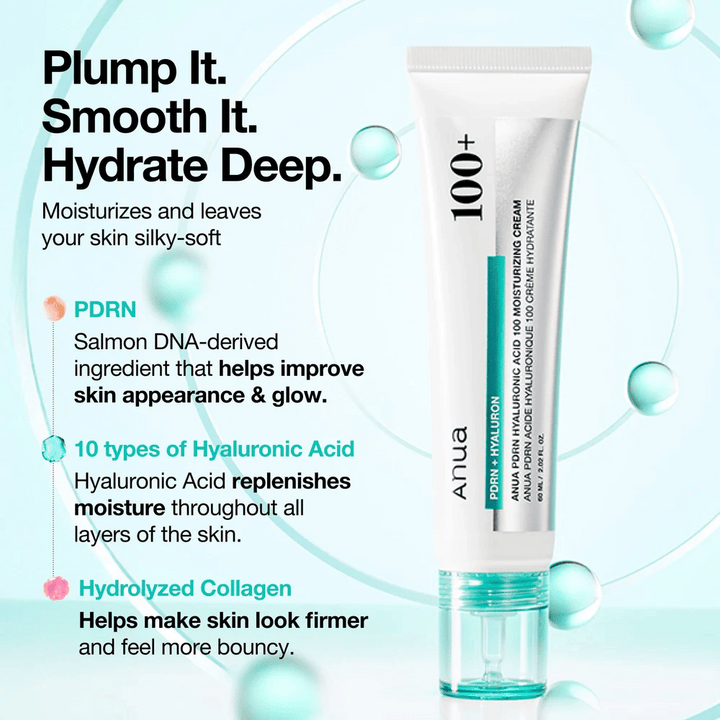 Anua PDRN Hyaluronic Acid 100 Moisturizing Cream avec acide hyaluronique, PDRN et collagène – hydrate, unifie et renforce la peau.