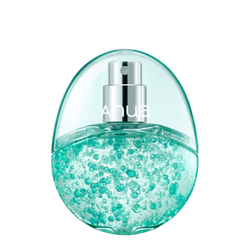 Image produit détourée de Anua PDRN Hyaluronic Acid Hydrating Capsule Mist sur fond clair. Le flacon en forme d’œuf possède une partie supérieure transparente et une partie inférieure remplie de capsules hydratantes turquoise qui mettent en valeur la formulation unique du produit et sa sensation premium.