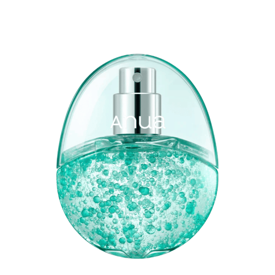 Image produit détourée de Anua PDRN Hyaluronic Acid Hydrating Capsule Mist sur fond clair. Le flacon en forme d’œuf possède une partie supérieure transparente et une partie inférieure remplie de capsules hydratantes turquoise qui mettent en valeur la formulation unique du produit et sa sensation premium.