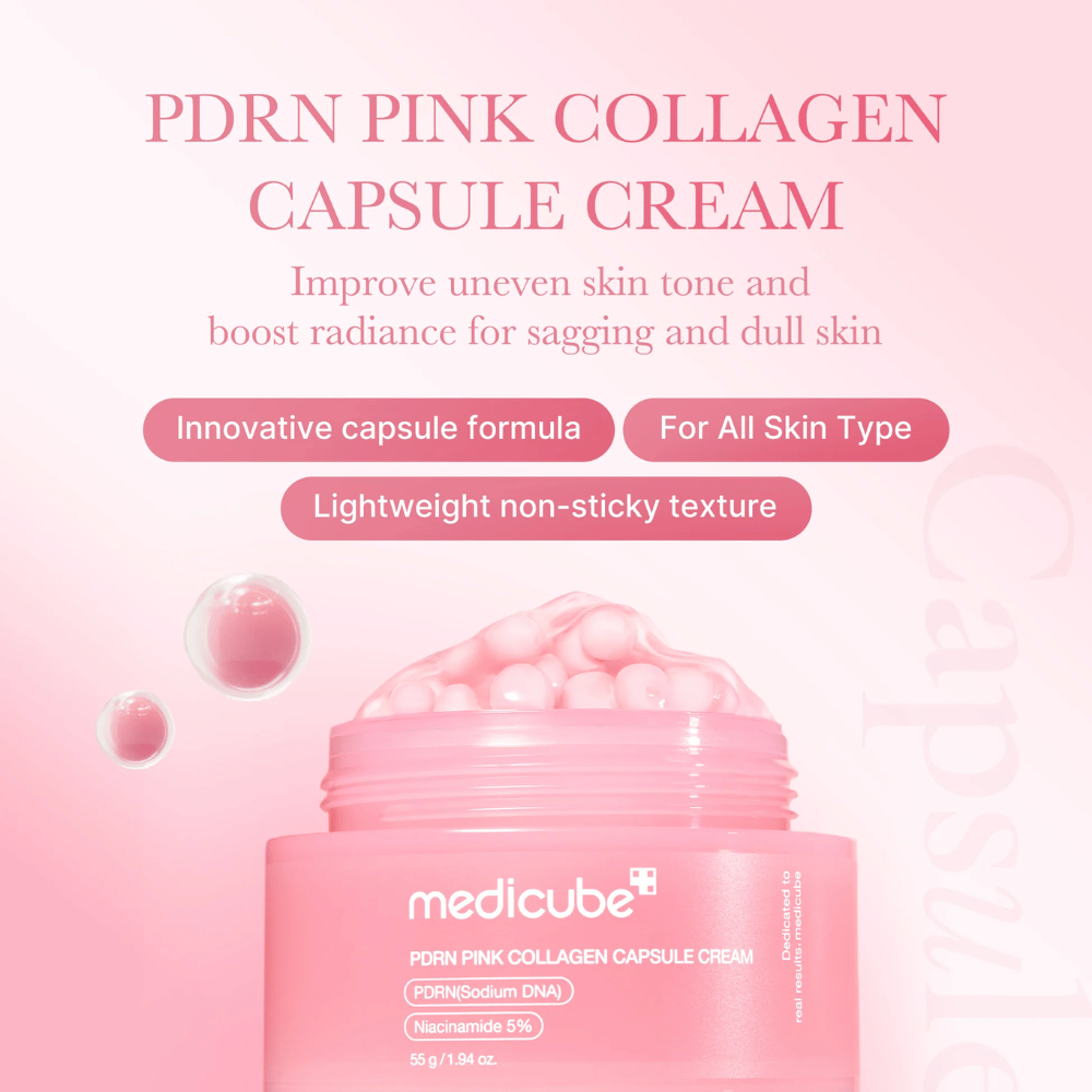 Pot rose avec Medicube PDRN Pink Collagen Capsule Cream, entouré de bulles en forme de capsules et de texte soulignant les propriétés de la crème pour le teint irrégulier, l'éclat et tous types de peau.