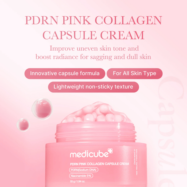 Pot rose avec Medicube PDRN Pink Collagen Capsule Cream, entouré de bulles en forme de capsules et de texte soulignant les propriétés de la crème pour le teint irrégulier, l'éclat et tous types de peau.