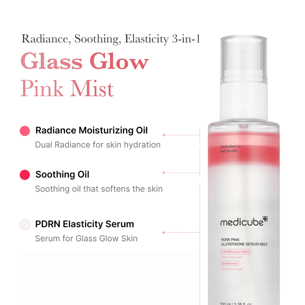 Image du produit de Medicube PDRN Pink Glutathione Serum Mist avec trois couches : huile hydratante, huile apaisante et sérum PDRN pour l'éclat, l'élasticité et une peau douce.