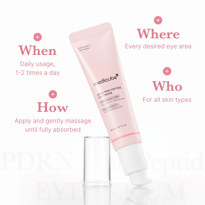 Medicube PDRN Pink Peptide Eye Cream, tube de 30 ml. Crème pour les yeux avec PDRN et 5 % de niacinamide. Utiliser 1 à 2 fois par jour autour des yeux. Convient à tous les types de peau.