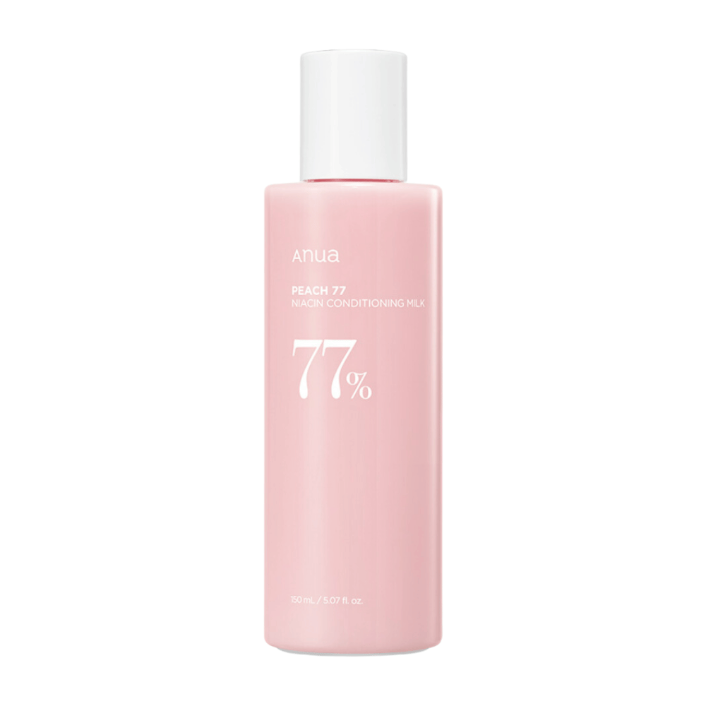 L'image montre ANUA Peach 77% Niacin Conditioning Milk, un produit de soin de la peau contenant 77% de pêche et de la niacinamide pour améliorer l'état de la peau.