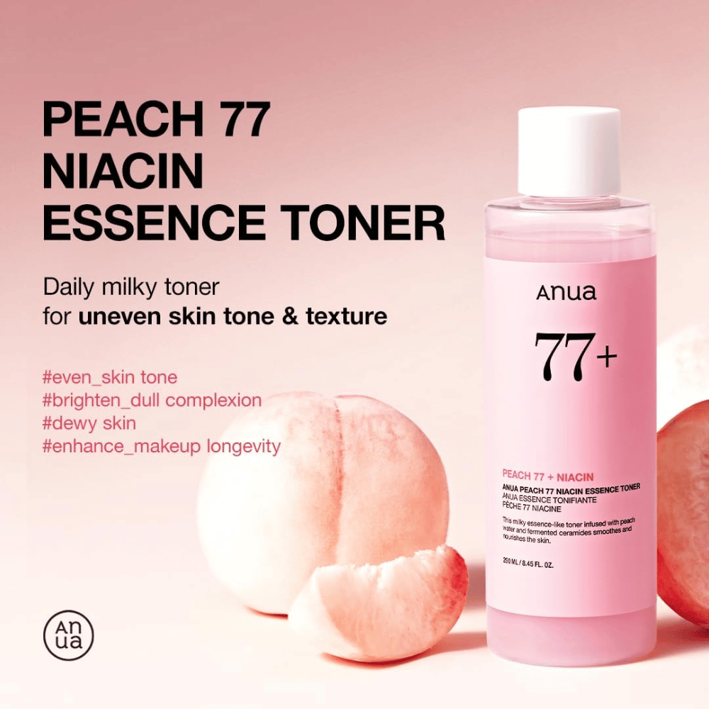 Anua Peach 77 Niacin Essence Toner dans une bouteille rose à côté de pêches, avec un texte mettant en avant les avantages pour le teint irrégulier, l'éclat et une meilleure tenue du maquillage.