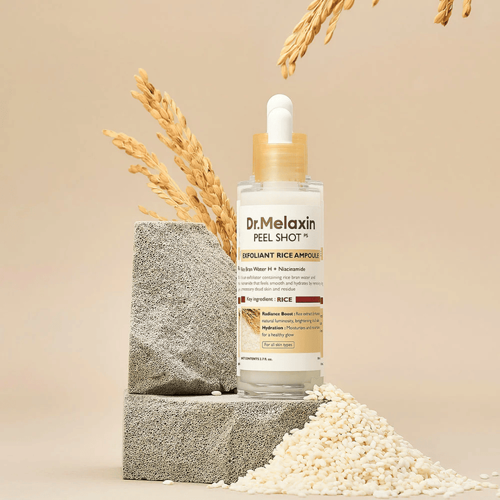 Dr.Melaxin Peel Shot Exfoliant Rice Ampoule dressé avec du riz et des blocs de pierre, ampoule exfoliante coréenne avec extrait de riz et niacinamide pour une peau plus claire et plus douce.