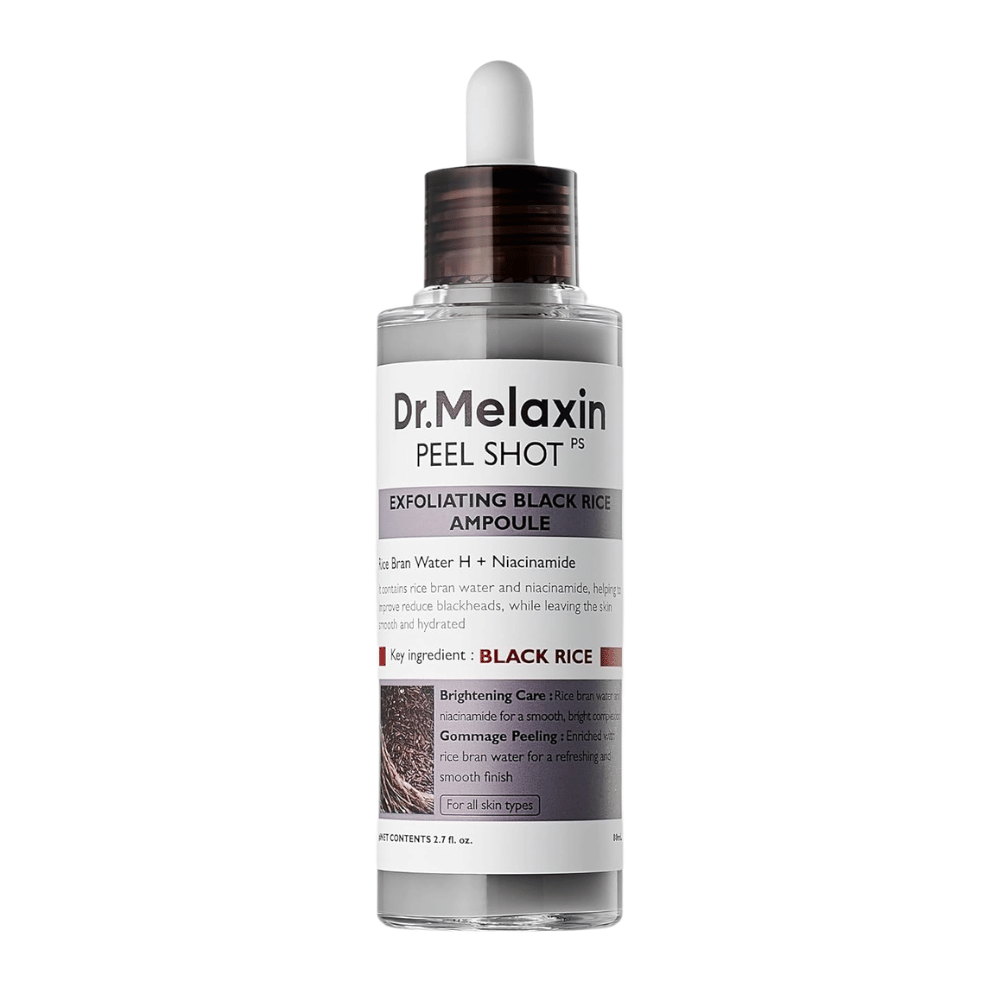 Dr.Melaxin Peel Shot PS Exfoliating Black Rice Ampoule 80ml avec niacinamide et eau de riz pour un peeling chimique doux
