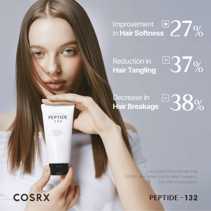 Femme tenant COSRX Peptide 132 Treatment – montre des résultats cliniques avec une réduction de la casse des cheveux et une douceur accrue.