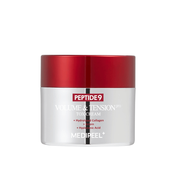 MEDI-PEEL Peptide 9 Volume & Tension Tox Cream dans un pot argenté avec un couvercle rouge. Une crème anti-âge avec des peptides et du collagène qui renforce l'élasticité de la peau.