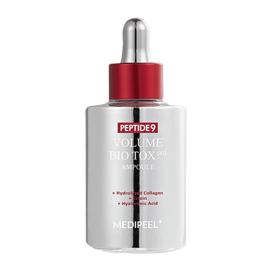 MEDI-PEEL Peptide 9 Volume Bio Tox Pro Ampoule dans une bouteille argentée avec une pipette rouge. Un sérum anti-âge qui apporte fermeté, volume et hydratation intense.