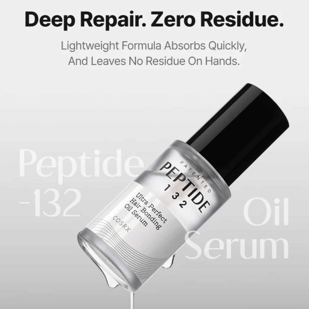 COSRX Peptide 132 Oil Serum – formule légère qui s'absorbe rapidement et répare les cheveux sans laisser de résidus.