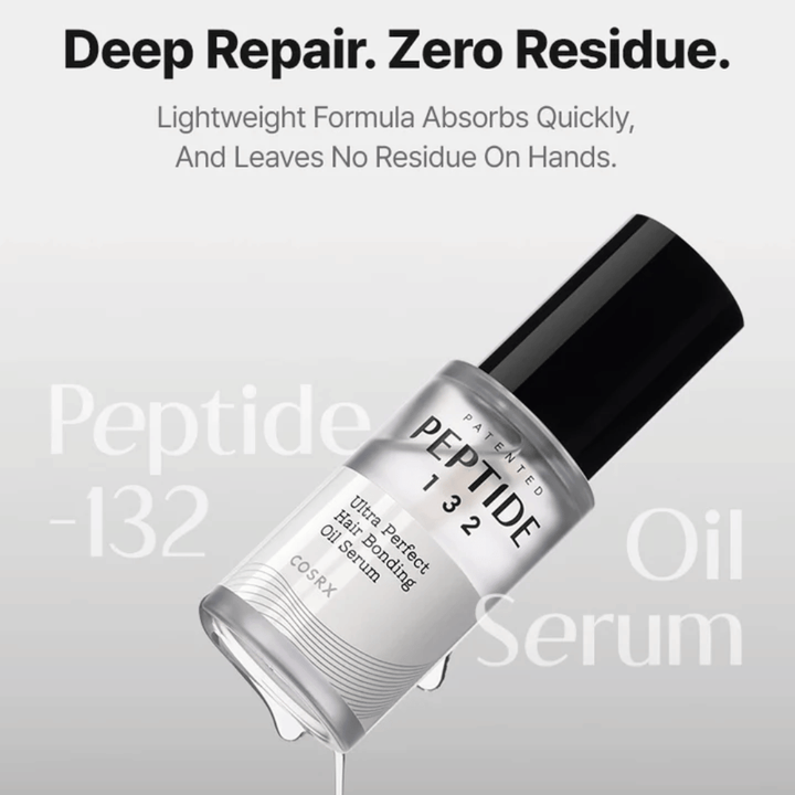 COSRX Peptide 132 Oil Serum – formule légère qui s'absorbe rapidement et répare les cheveux sans laisser de résidus.