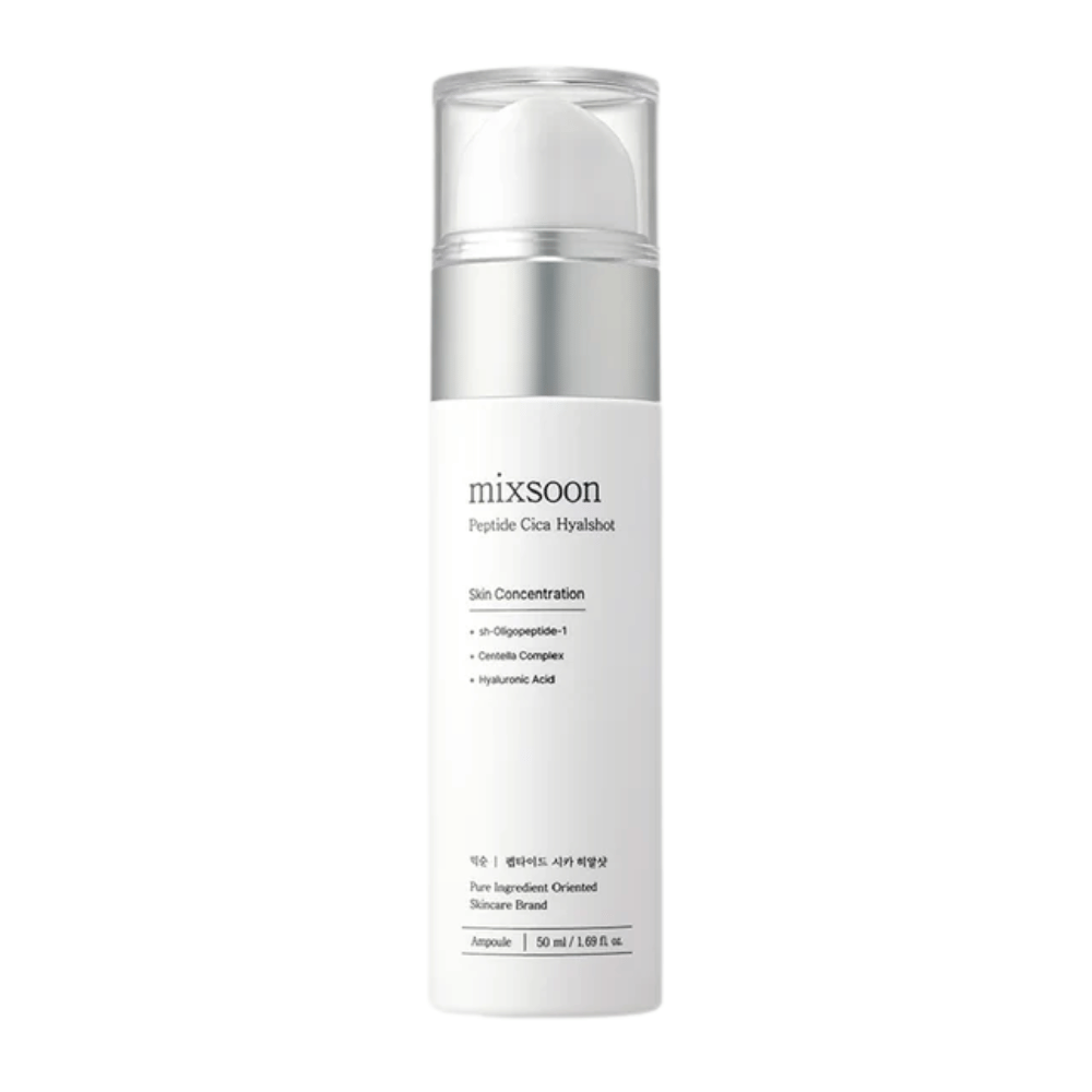 Mixsoon Peptide Cica Hyalshot – sérum hydratant avec centella et acide hyaluronique dans une bouteille blanche élégante avec des détails argentés. Convient aux peaux sensibles et contribue à renforcer la barrière cutanée.