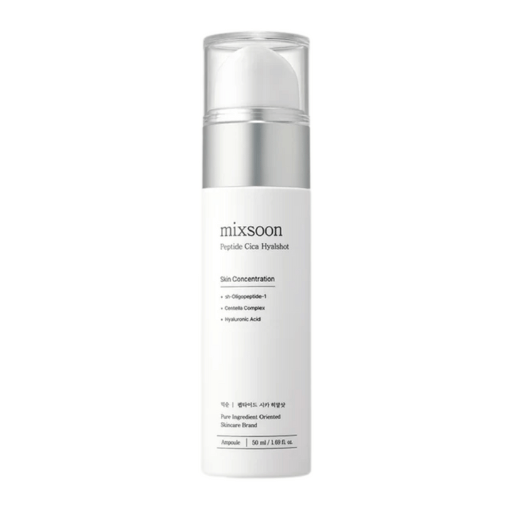 Mixsoon Peptide Cica Hyalshot – sérum hydratant avec centella et acide hyaluronique dans une bouteille blanche élégante avec des détails argentés. Convient aux peaux sensibles et contribue à renforcer la barrière cutanée.