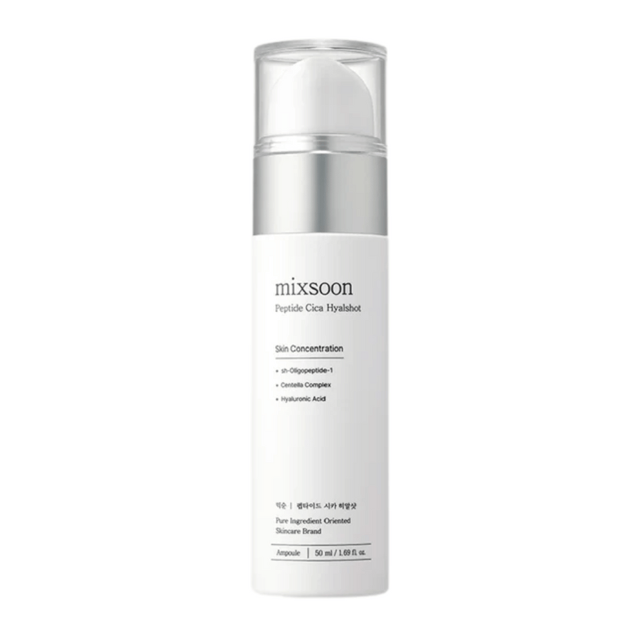 Mixsoon Peptide Cica Hyalshot – sérum hydratant avec centella et acide hyaluronique dans une bouteille blanche élégante avec des détails argentés. Convient aux peaux sensibles et contribue à renforcer la barrière cutanée.