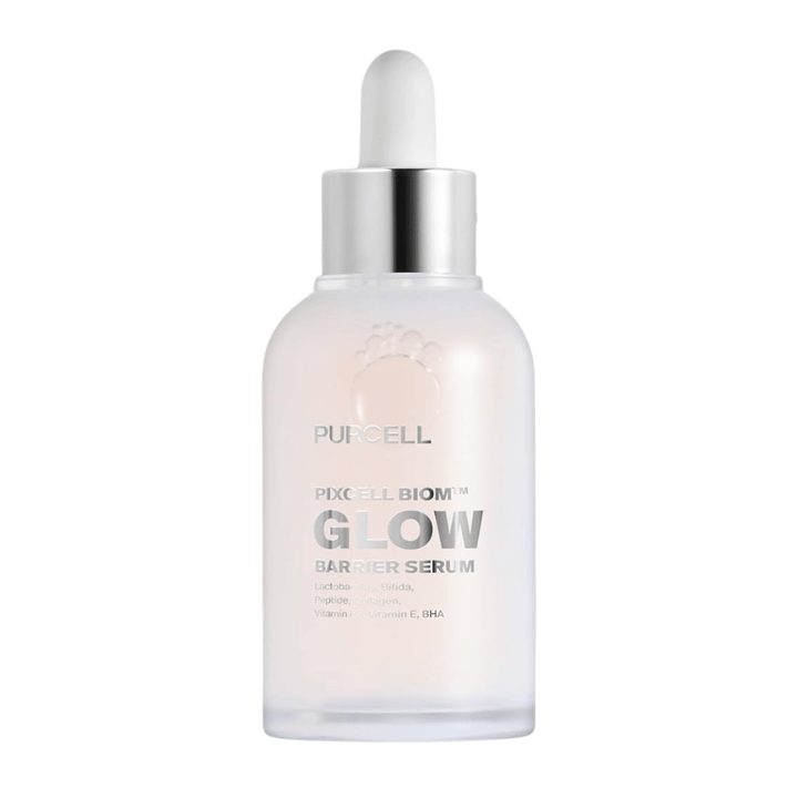Image du produit de PURCELL Pixcell Biom Glow Barrier Serum dans une bouteille en verre dépoli avec pipette – renforce la barrière cutanée et donne un éclat naturel.