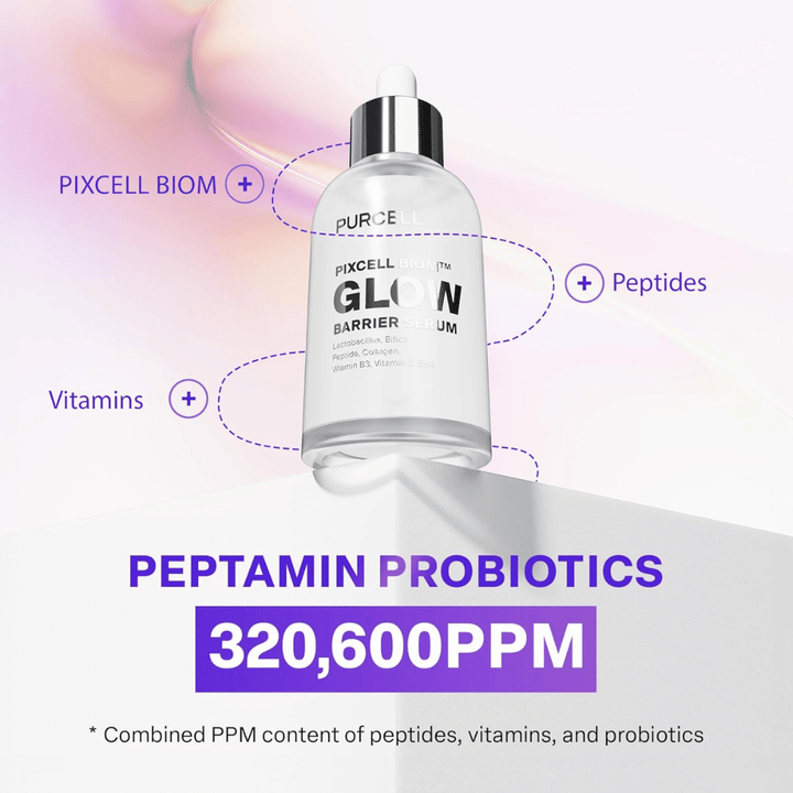 PURCELL Pixcell Biom Glow Barrier Serum avec Peptamin Probiotics 320 600 PPM – combinaison de peptides, vitamines et probiotiques.