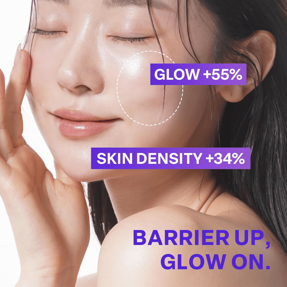 Gros plan sur une femme avec une peau éclatante après l'utilisation de PURCELL Pixcell Biom Glow Barrier Serum. La luminosité de la peau augmente de 55 % et la densité de 34 %.