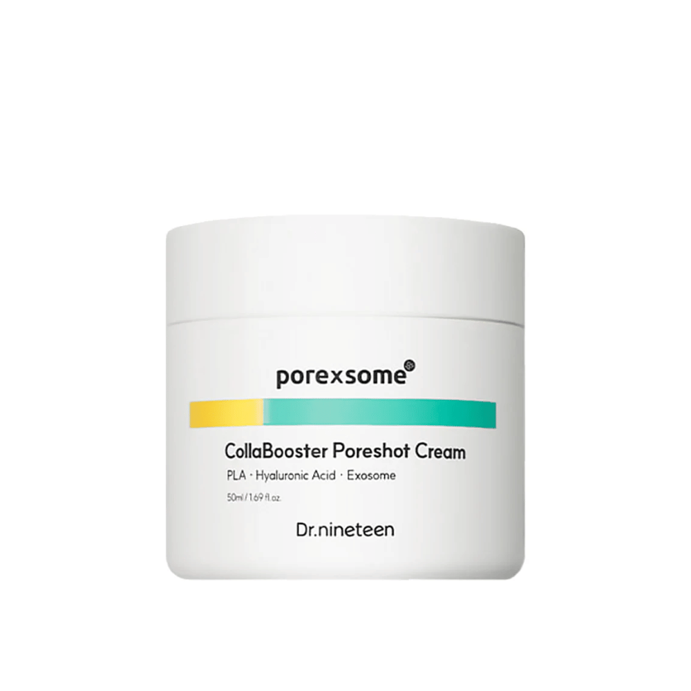 Image produit de Porexsome CollaBooster Poreshot Cream dans un pot blanc avec des détails colorés en jaune et turquoise. Une crème pour le visage qui affine les pores et hydrate.