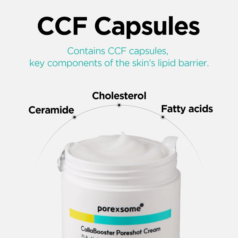 Pot ouvert de Porexsome CollaBooster Poreshot Cream avec un texte sur les capsules CCF : céramides, cholestérol et acides gras qui renforcent la barrière cutanée.