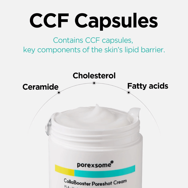 Pot ouvert de Porexsome CollaBooster Poreshot Cream avec un texte sur les capsules CCF : céramides, cholestérol et acides gras qui renforcent la barrière cutanée.