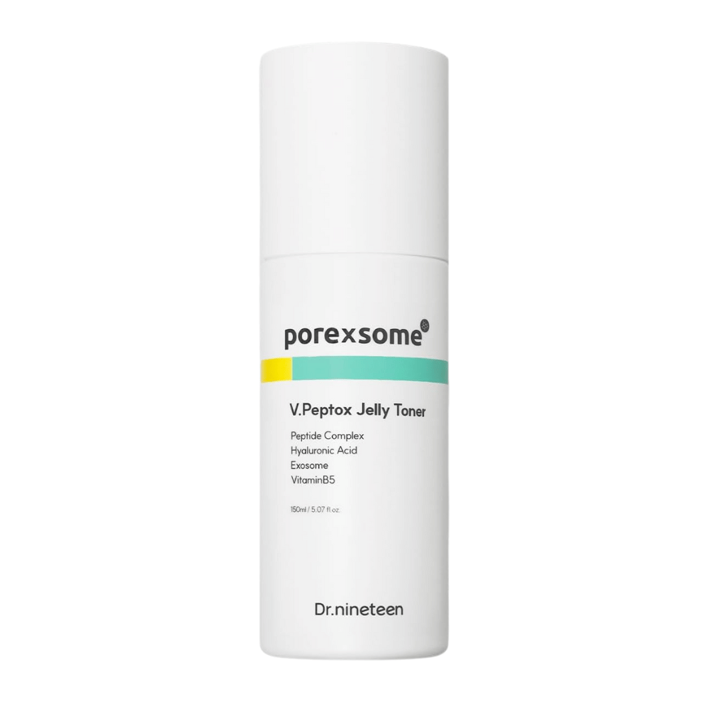 Image produit de Dr.nineteen Porexsome V.Peptox Jelly Toner dans une bouteille blanche. Un toner hydratant avec des peptides, des exosomes et de la vitamine B5.