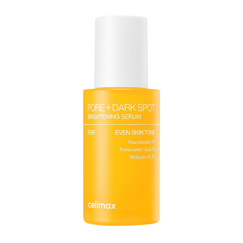 Celimax Pore + Dark Spot Brightening Serum dans une bouteille jaune debout avec un bouchon blanc, contient de la niacinamide, de l'acide tranexamique et Melazero.