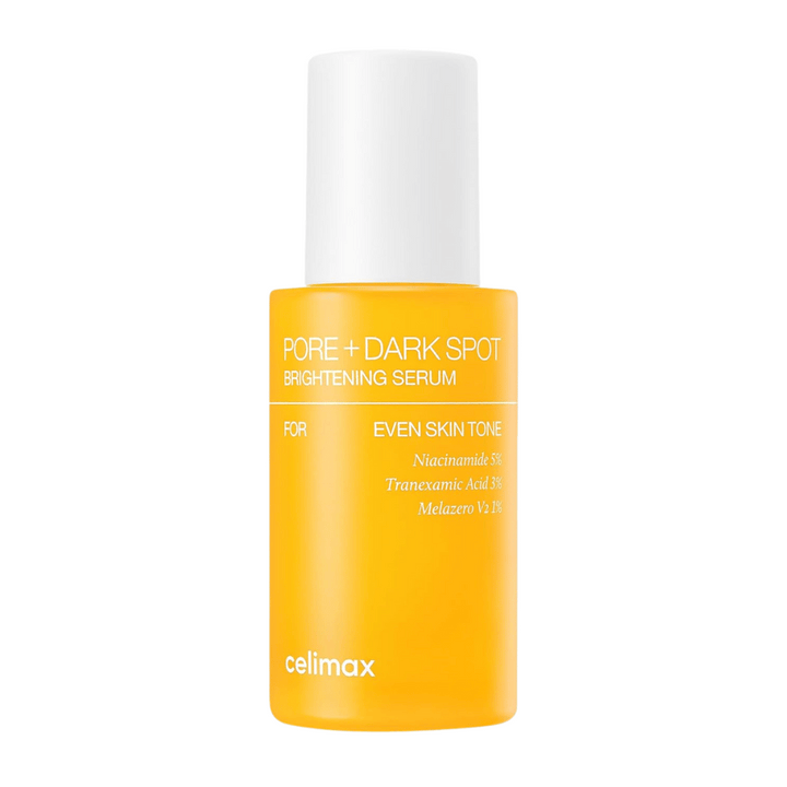 Celimax Pore + Dark Spot Brightening Serum dans une bouteille jaune debout avec un bouchon blanc, contient de la niacinamide, de l'acide tranexamique et Melazero.
