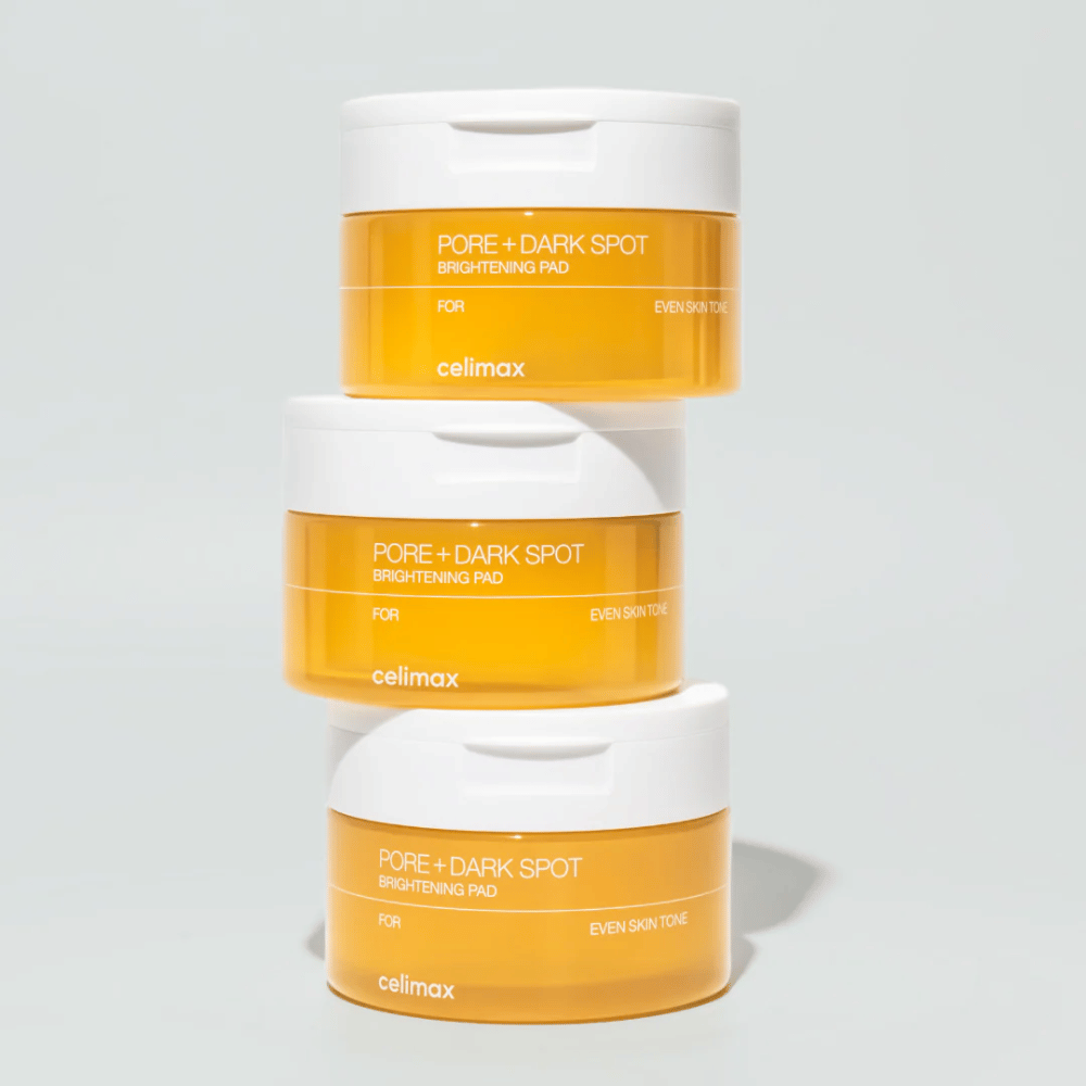 Trois bocaux Celimax Pore + Dark Spot Brightening Pad – tampons exfoliants éclaircissants pour une peau plus uniforme et un éclat plus clair.