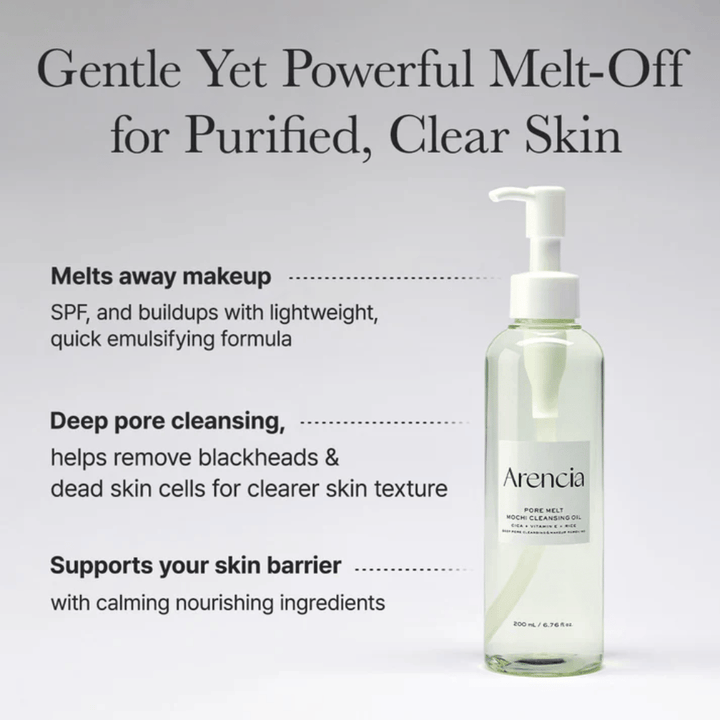 Arencia Pore Melt Mochi Cleansing Oil en gros plan avec texte sur le nettoyage en profondeur, dissout le maquillage, SPF et les impuretés tout en préservant l'équilibre hydrique de la peau.