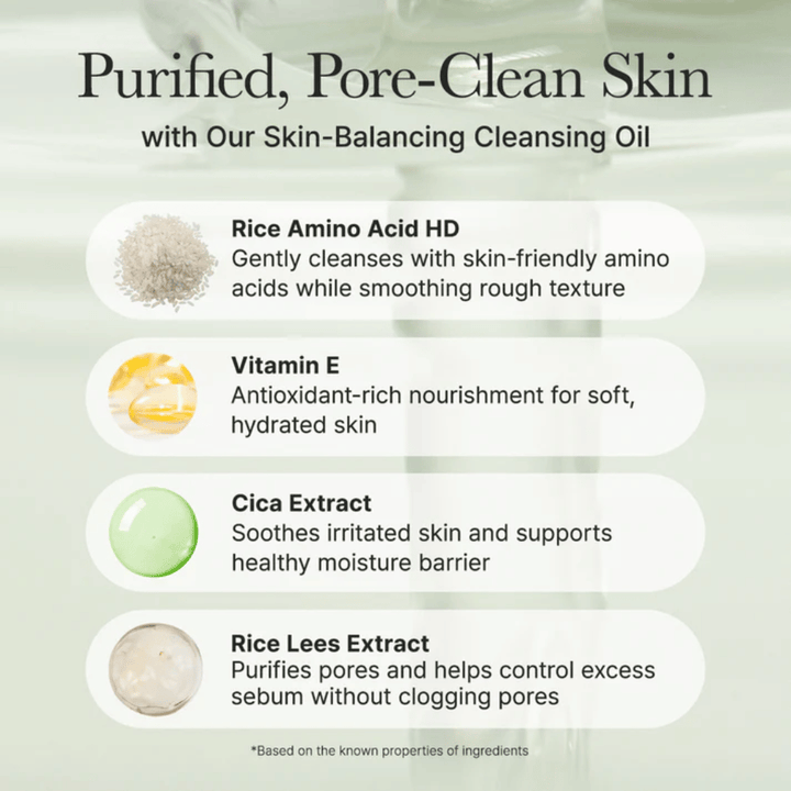 Aperçu des ingrédients pour Arencia Pore Melt Mochi Cleansing Oil avec acide aminé de riz, vitamine E, extrait de cica et extrait de lies de riz pour un nettoyage doux et une barrière cutanée renforcée.