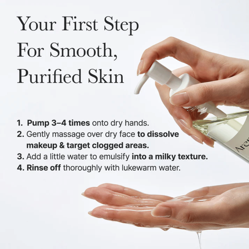 Image d'instructions montrant comment Arencia Pore Melt Mochi Cleansing Oil est utilisé comme première étape de la routine de nettoyage pour une peau plus lisse, plus propre et plus équilibrée.