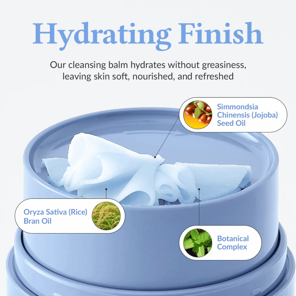 Dr.Althea Pore Refresh Grinding Cleansing Balm avec le texte "Finition Hydratante" au-dessus. Le produit contient de l'huile de graine de Simmondsia Chinensis (Jojoba), de l'huile de son de riz Oryza Sativa, et un complexe botanique. La crème procure un effet hydratant sans sensation de gras, laissant la peau douce, nourrie et fraîche.