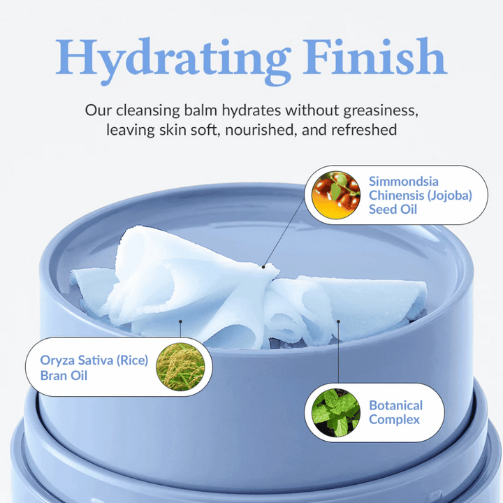Dr.Althea Pore Refresh Grinding Cleansing Balm avec le texte "Finition Hydratante" au-dessus. Le produit contient de l'huile de graine de Simmondsia Chinensis (Jojoba), de l'huile de son de riz Oryza Sativa, et un complexe botanique. La crème procure un effet hydratant sans sensation de gras, laissant la peau douce, nourrie et fraîche.