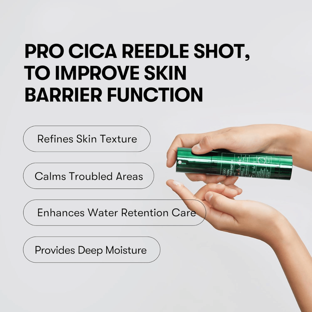 VT Cosmetics Pro Cica Reedle Shot 100 est appliqué sur la peau pour améliorer la barrière cutanée, apaiser la peau sensible et fournir une hydratation profonde
