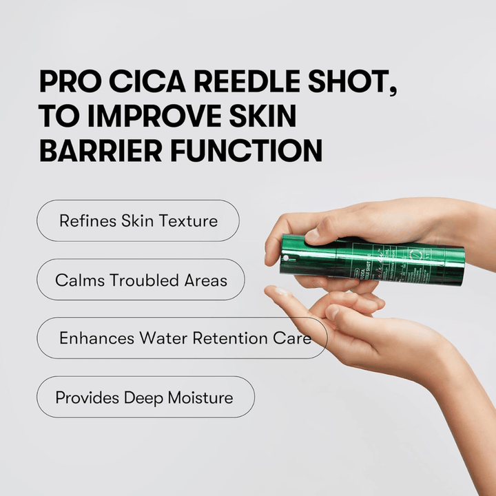 VT Cosmetics Pro Cica Reedle Shot 100 est appliqué sur la peau pour améliorer la barrière cutanée, apaiser la peau sensible et fournir une hydratation profonde